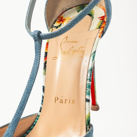 Christian Louboutin Senora 100 Blue & White Jeans / Calf Hawaii T-Strap Sandals - Picture 11 of 12